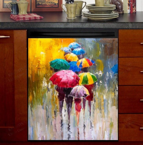 Colorful Umbrellas on a Rainy Day Dishwasher Magnet Cover Kitchen Decoration Decals Appliances Stickers Magnetic Sticker ND