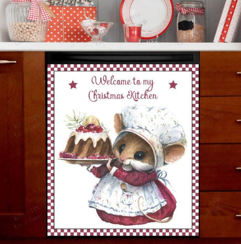 Little Mouse with a Christmas Cake Dishwasher Magnet Cover Kitchen Decoration Decals Appliances Stickers Magnetic Sticker ND