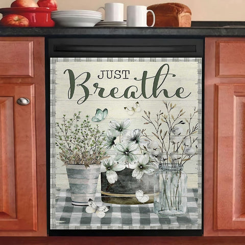 Farmhouse Just Breathe Dishwasher Cover Vintage Flower Kitchen Decor HT