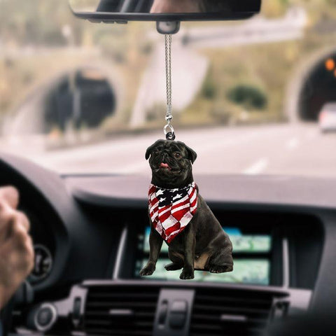 BLACK PUG US FLAG CAR HANGING ORNAMENT