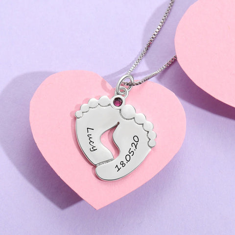Personalized Baby Feet Mothers Day Necklace With Birthstones Mom Jewelry Gift For Mom Grandma Wife HT