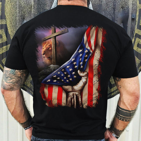 Jesus Lion And Lamb T-Shirt, Jesus Christ Cross Tee, Best Gifts For Veteran, Patriotic Print, Gift For Him, American Flag Shirt