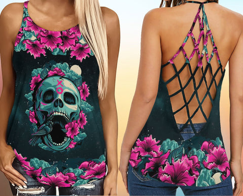 Skull Bird Flowers Criss-cross tank top TTM
