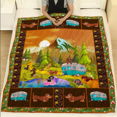 Camping Dachshund Dog Lovers Quilt Blanket