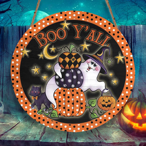Boo Y'all Ghost and Pumpkin Round Wood Sign, Cute Halloween Wood Sign, Best Halloween Home Decor HN