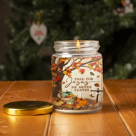 Autumn Pumpkin Fall for Jesus He Never Leaves Candle, Farmhouse Decor, Halloween Decor, Halloween Gifts, Christian Gifts HN