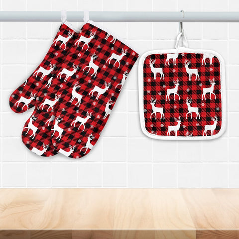 Christmas Deer Red Plaid Oven Mitts and Pot Holder Set, Christmas Design, Housewarming Gift, Christmas Gift