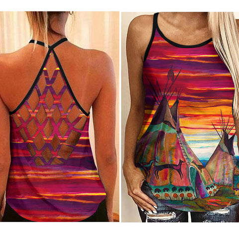 Native American Tee Pee Criss Cross Tank Top For Women HT