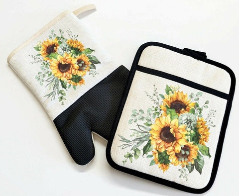 Sunflower Oven Mitts and Pot Holder Set, Sunflower Kitchen Decor Linen Oven Mitts and Pot Holder Wedding Gift, Housewarming Gift
