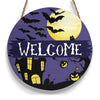 Welcome Sign, Halloween Night Moon Round Wood Sign, Scary Bat Halloween Wood Sign, Halloween Decor HN