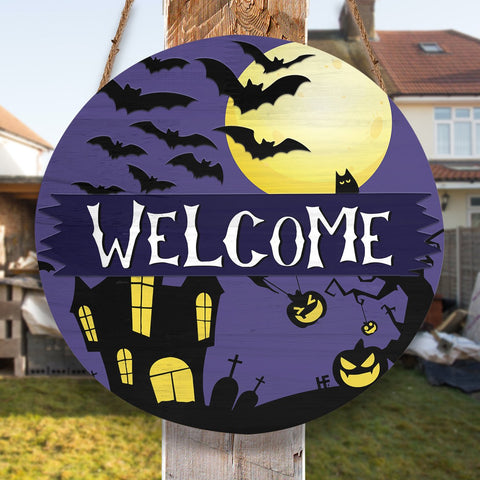 Welcome Sign, Halloween Night Moon Round Wood Sign, Scary Bat Halloween Wood Sign, Halloween Decor HN