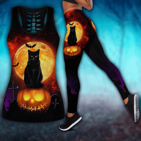 Halloween Tank top leggings Halloween Black Cat Combo Outfit For Women