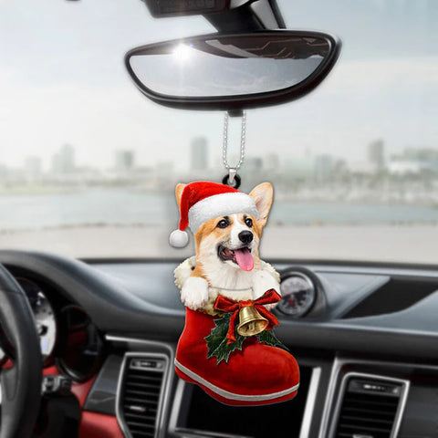 Pembroke Welsh Corgi In Santa Boot Christmas Car Hanging Ornament HT