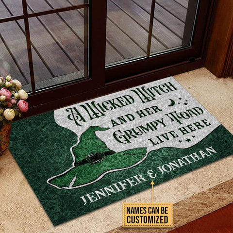 Personalized Witch Grumpy Toad Live Here Customized Doormat Green TM