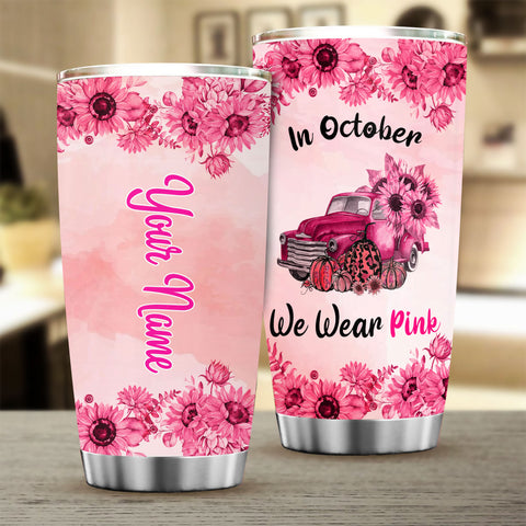 Old Truck Halloween Pumpkin Breast Cancer We wear pink Tumbler Custom TTM