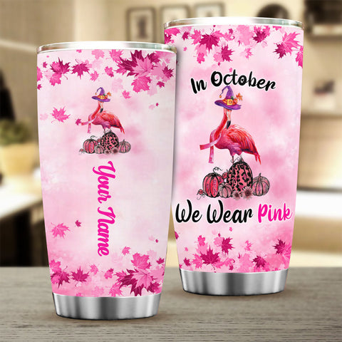 Flamingo Halloween In october we wear pink Tumbler Breast Cancer Pumpkin Halloween Gift Custom TTM