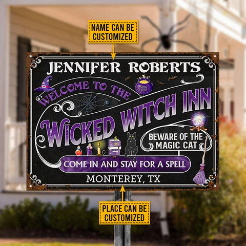 Witch Inn Black Cat Stay For A Spell Black Custom Classic Metal Signs, Witch Decor, Witchy, Goth, Witch Sign, Halloween Sign, Halloween Gift