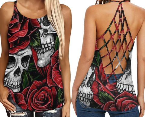 Rose and Skull criss-cross Tank top HA