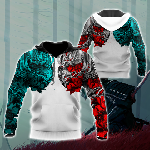 Men Samurai Hoodie Red Blue Premium 3D Printed Samurai Tattoo Hoodie MEI