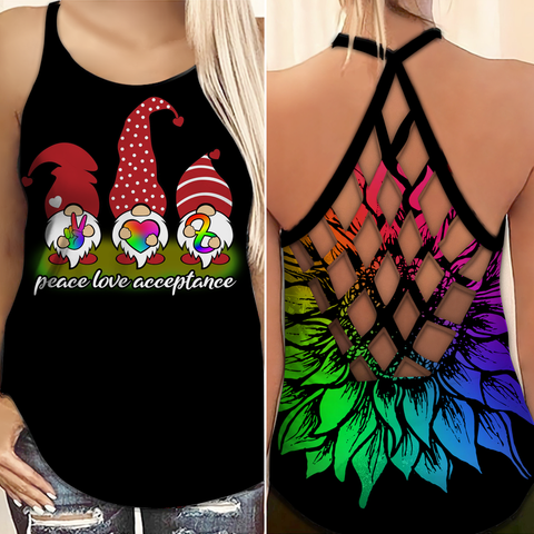 Peace Love Acceptance Autism Awareness Criss Cross Tank Top Gnome Autism Awareness Shirts Autism Awareness Gift HT