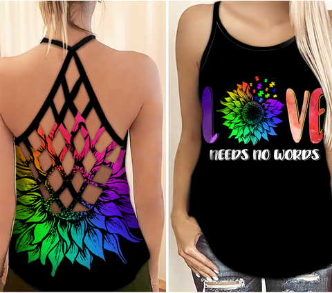 Sunflower Autism Awareness Criss Cross Tank Top Love Needs No Words Autism Awareness Shirts Autism Awareness Gift HT
