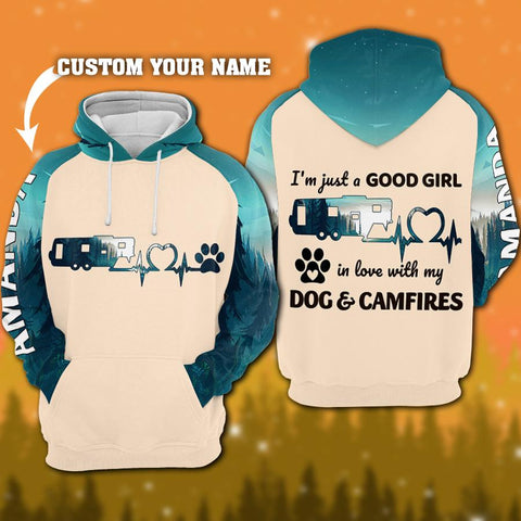 Camping Lovers Gift A Good Girl In Love With Dog And Campfire 3D Custom Hoodie