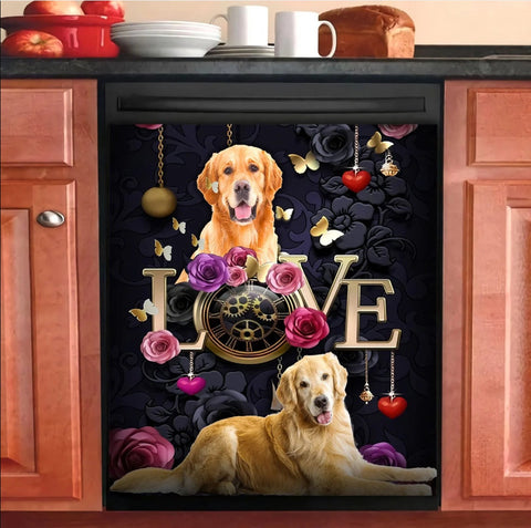 Golden Retriever Love Gorgeous Flower Dishwasher Cover Golden Retriever Dishwasher Cover Kitchen Decor Gifts for Dog Lovers Golden Retriever Gifts HT