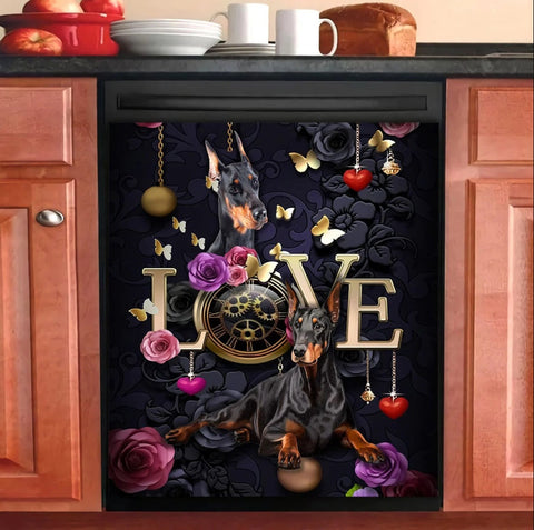 Doberman Love Gorgeous Flower Dishwasher Cover Doberman Dishwasher Cover Kitchen Decor Gifts for Dog Lovers Doberman Gifts HT