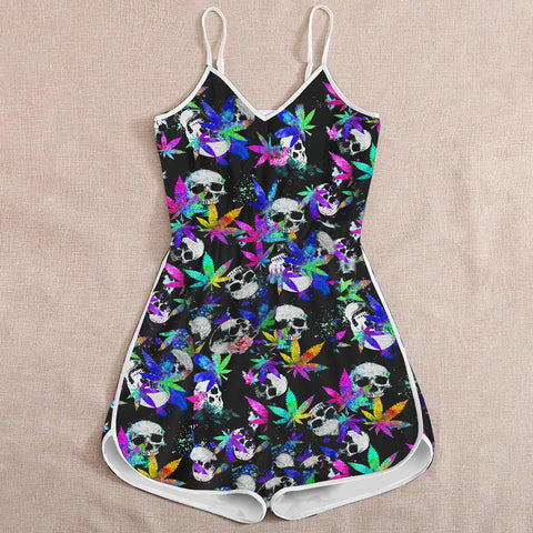 Skull Cannabis Romper For Women Marijuana 420 Weed Shirt Clothing Gifts HT
