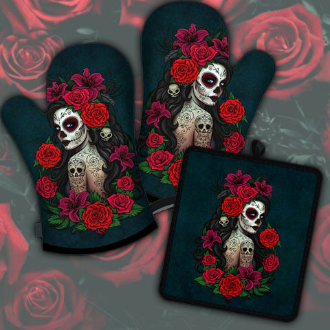 Skull Girl Oven Mitts And Potholder Set TXX