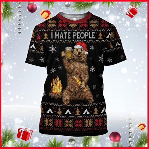 I Hate People Bear Knitting Pattern Christmas Black 3D All Over Printed Shirt Camping