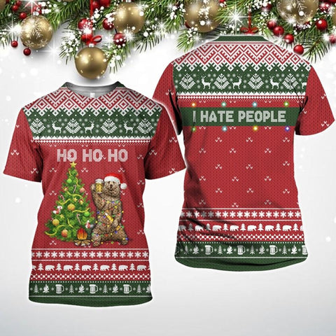 I Hate People Bear Ho Ho Ho Ugly Christmas Knitting Pattern Red Green 3D All Over Printed Camping Shirt