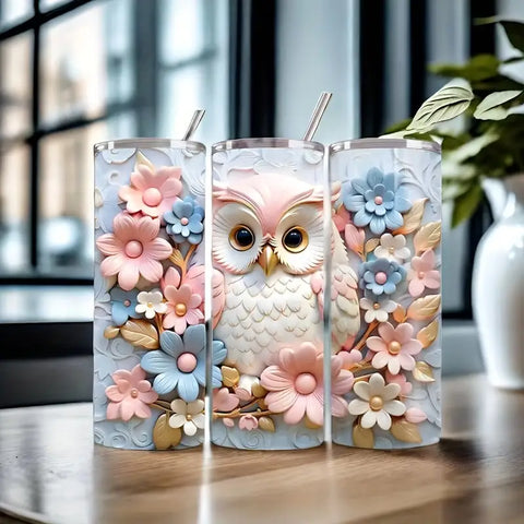 Stainless Steel Tumbler With Lid, 3D Owl Floral Pattern, Insulated Travel Mug For Hot And Cold Drinks, Portable Coffee Cup Ideal For Home, Travel, Outdoor Activities, Cute Tumbler Gift Idea DL