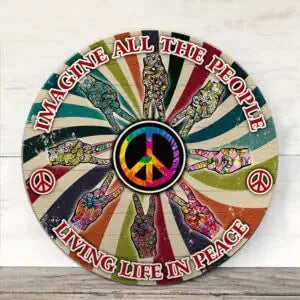 Wenzzi Hippie Round Wooden Sign Imagine All The People Living Life In Peace Wall Hanging Welcome Door Hanger Home Decor ND
