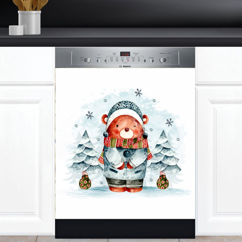 Christmas Bear In Snow Dishwasher Magnet Cover Kitchen Decoration Decals Appliances Stickers Magnetic Sticker ND