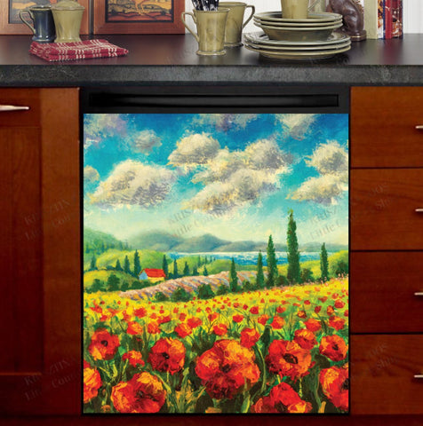 Poppy Field in Tuscany Dishwasher Magnet Cover Kitchen Decoration Decals Appliances Stickers Magnetic Sticker ND