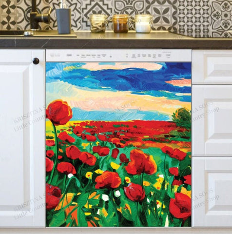 A Land of Poppies Dishwasher Magnet Cover Kitchen Decoration Decals Appliances Stickers Magnetic Sticker ND