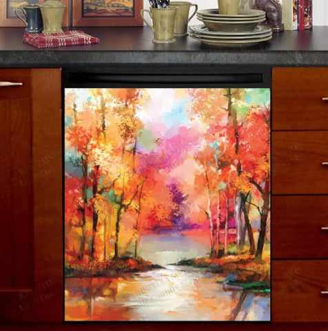 Colorful Autumn Trees Dishwasher Magnet Cover Kitchen Decoration Decals Appliances Stickers Magnetic Sticker ND