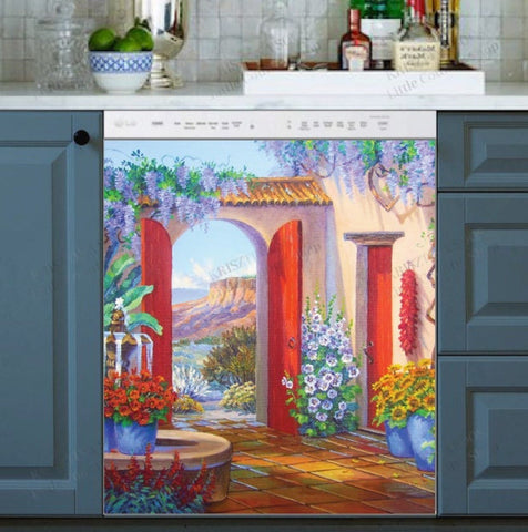 Mediterranean Garden Gate Dishwasher Magnet Cover Kitchen Decoration Decals Appliances Stickers Magnetic Sticker ND