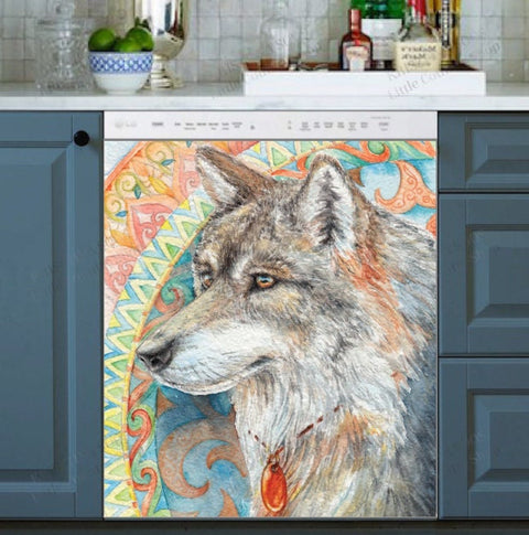 Bohemian Ethnic Folklore Wolf Dishwasher Magnet Cover Kitchen Decoration Decals Appliances Stickers Magnetic Sticker ND