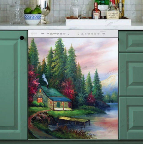 Cozy Cottage Beside the Lake Dishwasher Magnet Cover Kitchen Decoration Decals Appliances Stickers Magnetic Sticker ND
