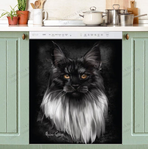 Black and White Maine Coon Cat Dishwasher Magnet Cover Kitchen Decoration Decals Appliances Stickers Magnetic Sticker ND
