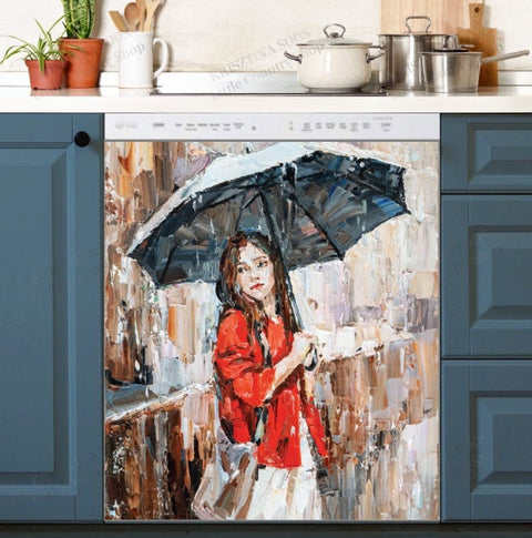 Beautiful Girl in the Rain Dishwasher Magnet Cover Kitchen Decoration Decals Appliances Stickers Magnetic Sticker ND