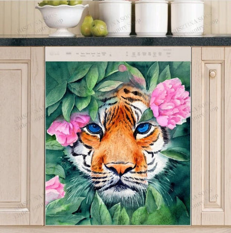 Tiger in the Hibiscus Bush Dishwasher Magnet Cover Kitchen Decoration Decals Appliances Stickers Magnetic Sticker ND