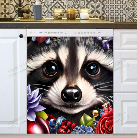 Cute Raccoon Face Dishwasher Magnet Cover Kitchen Decoration Decals Appliances Stickers Magnetic Sticker ND