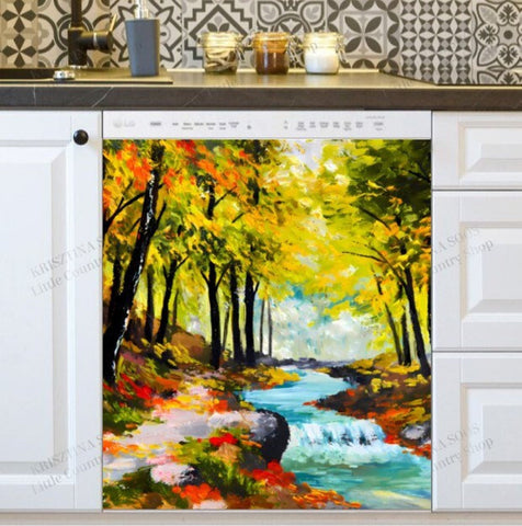 River in the Summer Forest Farmhouse Dishwasher Magnet Cover Kitchen Decoration Decals Appliances Stickers Magnetic Sticker ND