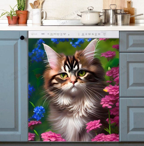 Maine Coon Cat in the Garden Dishwasher Magnet Cover Kitchen Decoration Decals Appliances Stickers Magnetic Sticker ND
