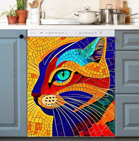 Colorful Mosaic Cat Pattern Dishwasher Magnet Cover Kitchen Decoration Decals Appliances Stickers Magnetic Sticker ND