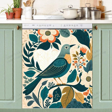 Vintage Folk Bird Flowers Dishwasher Magnet Cover Kitchen Decoration Decals Appliances Stickers Magnetic Sticker ND