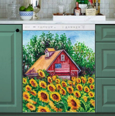 Country Red Barn Sunflower Farmhouse Dishwasher Magnet Cover Kitchen Decoration Decals Appliances Stickers Magnetic Sticker ND